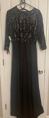 Kiyonna Black Evening Dress with lace Bodice and full lined chiffon skirt, A64